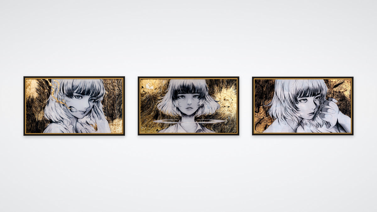 wataboku, Mukuro, Saturn and Hikari on a white gallery wall