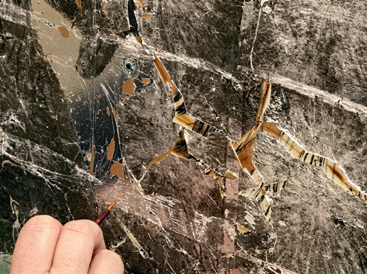 A fine brush adding detail over cracked silver leaf and amber lacquer